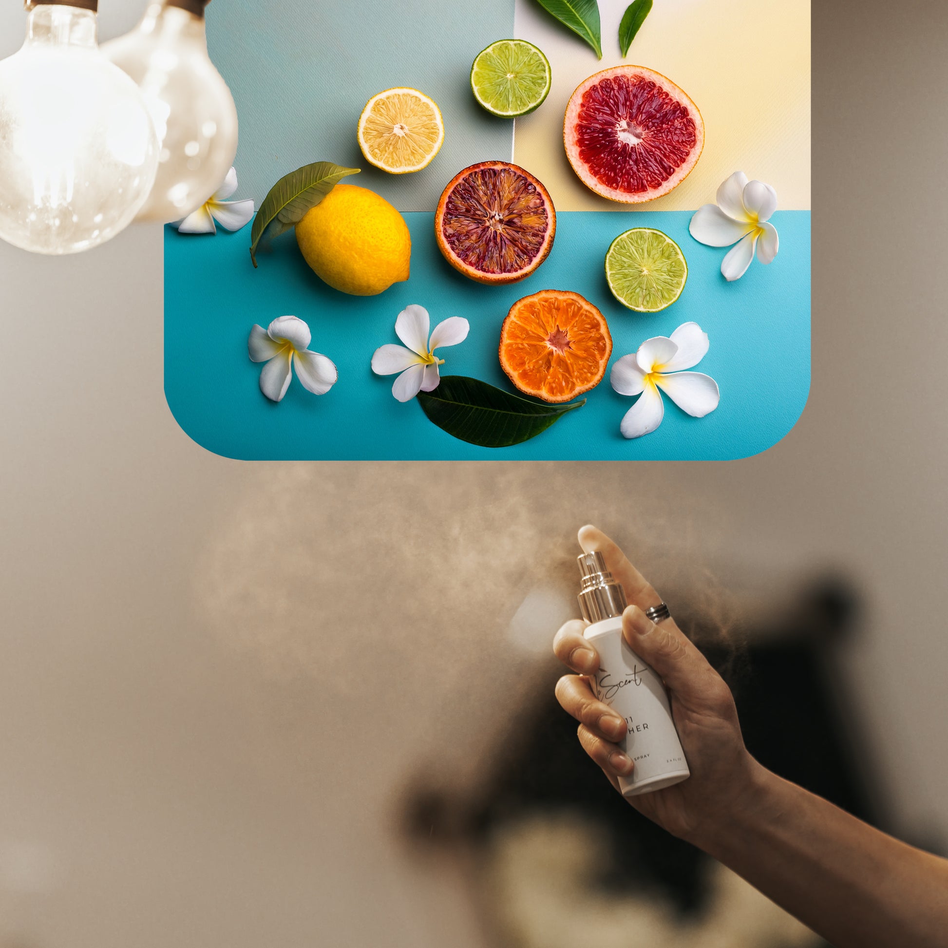 Spraying LeScent Hollywood room spray inspired by Louis Vuitton City of Stars — citrus home fragrance freshener mist with orange, lime and floral notes filling the air.