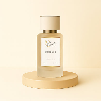 LeScent Immense hair perfume, hair fragrance, hair perfume mist bottle on a beige pedestal with a warm neutral background, styled as a clean hero presentation, inspired by Louis Vuitton L’Immensité.