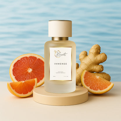LeScent Immense hair perfume, hair fragrance, hair perfume mist bottle displayed with sliced grapefruit, grapefruit wedges, whole ginger root, and grapefruit segments arranged in front of a soft blue water backdrop, inspired by Louis Vuitton L’Immensité.