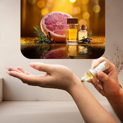 Applying LeScent Immense perfume oil roll-on to the wrist, with an ingredient panel above showing sliced grapefruit, whole grapefruit, rosemary sprigs, and small amber-toned fragrance bottles reflected on a golden surface, inspired by Louis Vuitton L’Immensité.