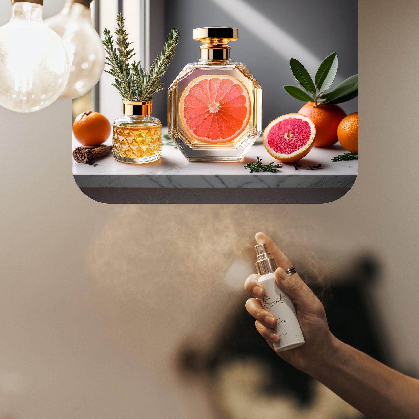 Hand spraying LeScent Immense room fragrance freshener mist, with an ingredient panel showing grapefruit halves, whole tangerines, rosemary sprigs, and amber-toned perfume bottles arranged on a bright windowsill, inspired by Louis Vuitton L’Immensité.