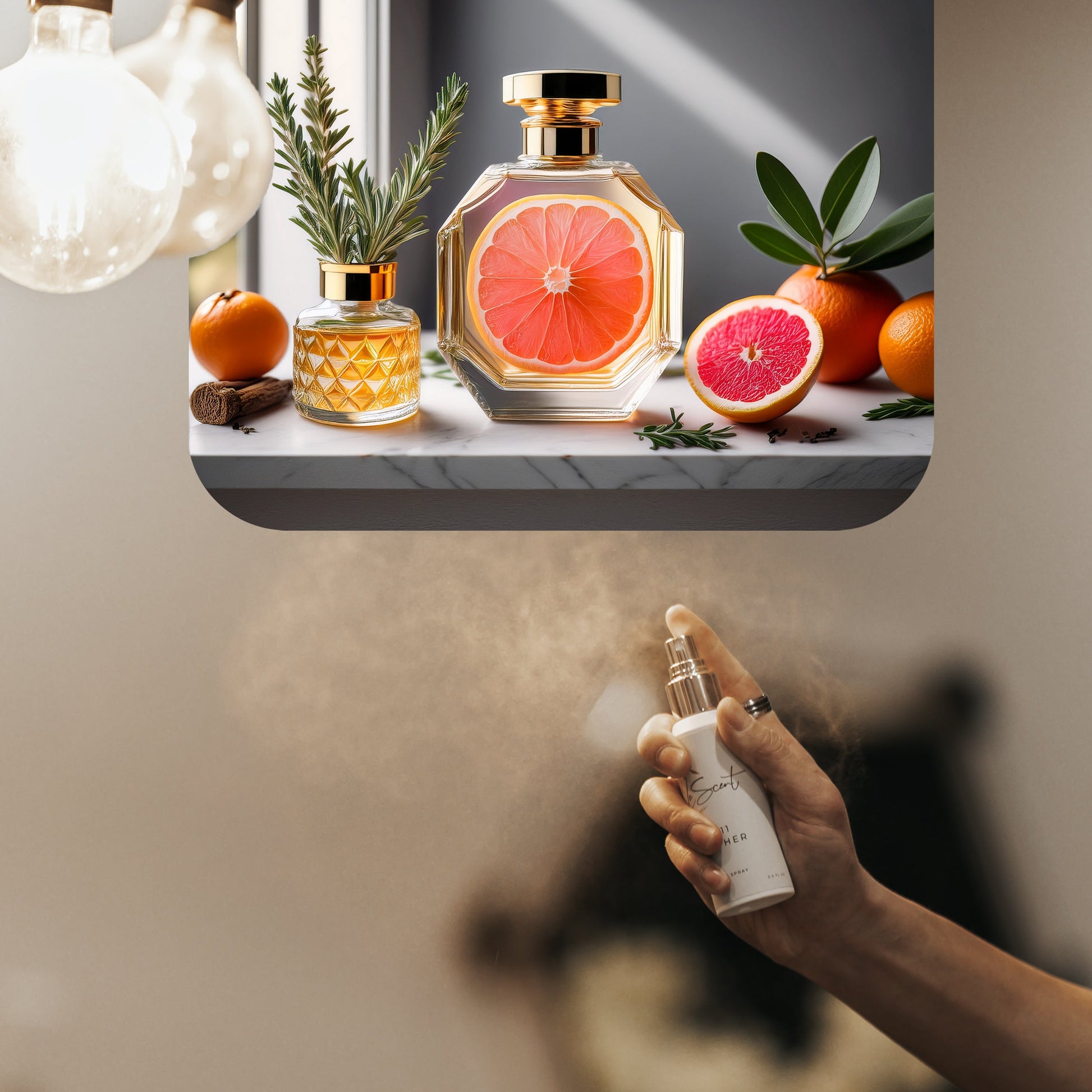Hand spraying LeScent Immense room fragrance freshener mist, with an ingredient panel showing grapefruit halves, whole tangerines, rosemary sprigs, and amber-toned perfume bottles arranged on a bright windowsill, inspired by Louis Vuitton L’Immensité.
