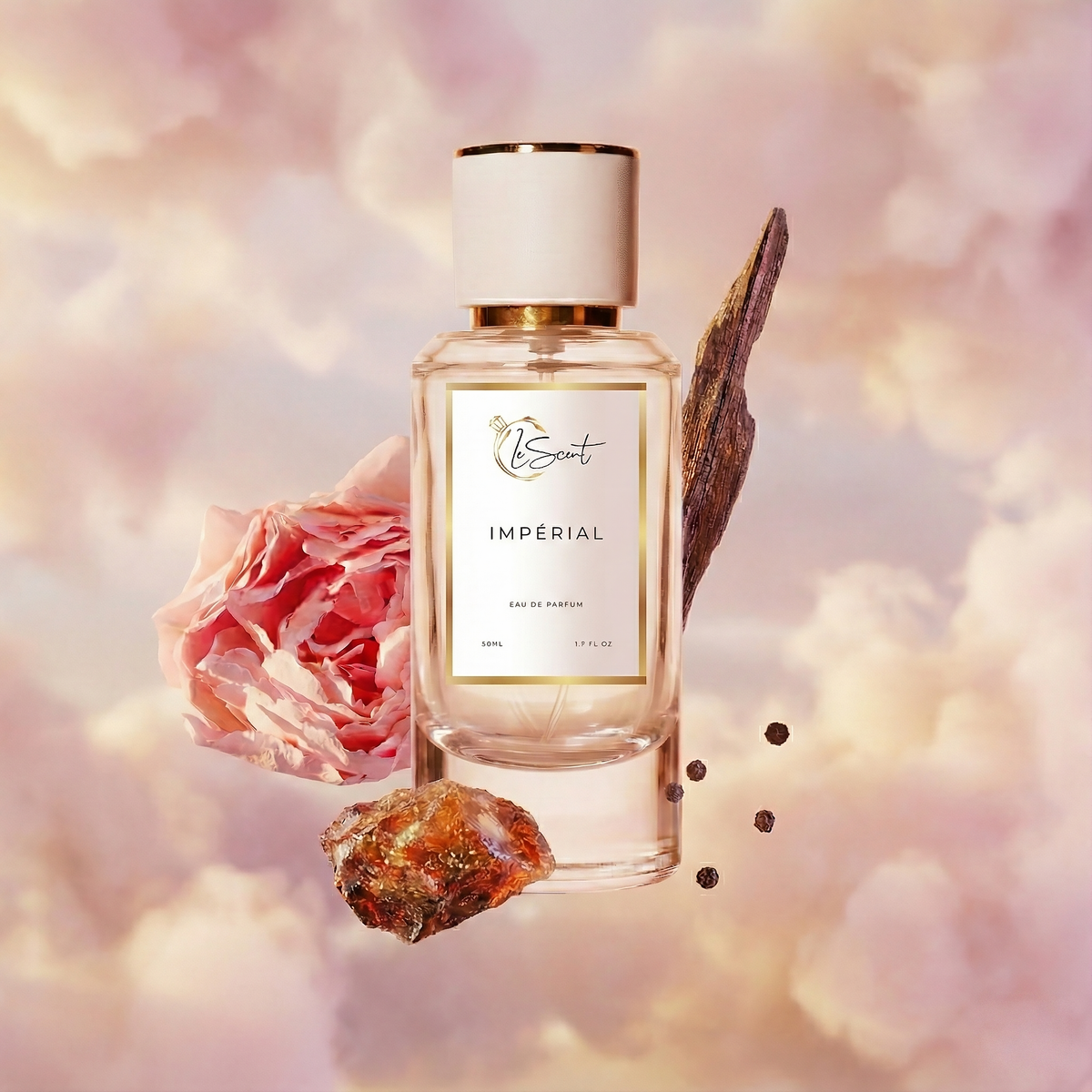 LeScent Impérial perfume bottle displayed with floating rose petals, oud wood, amber resin, and pepper notes against a soft pink cloud background, inspired by Louis Vuitton Les Sables Roses.