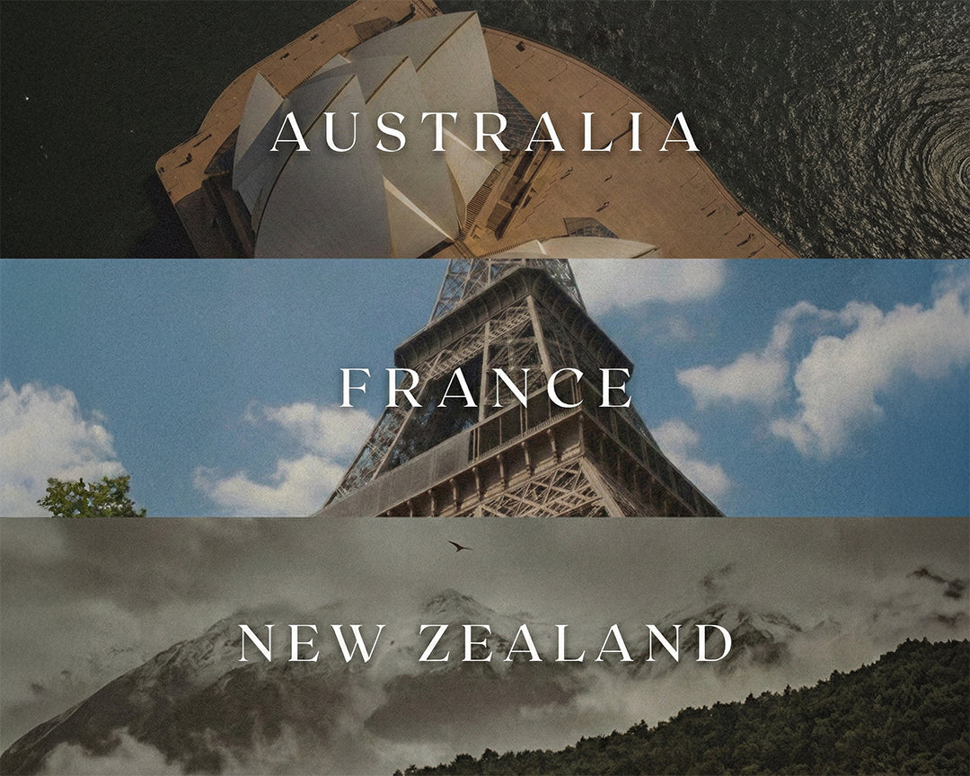 Banner showing LeScent shipping destinations with travel imagery and text for Australia, France, and New Zealand.