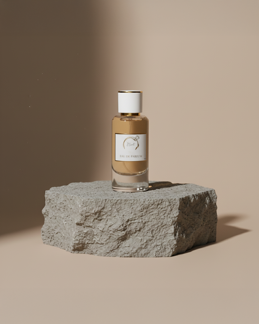 Premium inspired perfume eau de parfum bottle displayed on a textured stone block in a clean, minimal studio environment, luxury fragrance presentation.