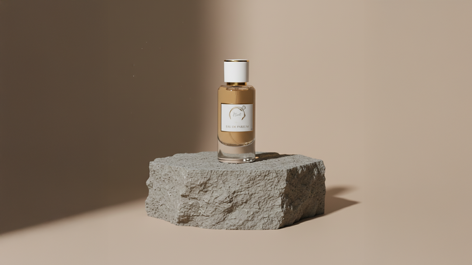 Luxury inspired perfume eau de parfum bottle photographed on a minimal stone platform in a clean studio setting, premium designer-inspired fragrance presentation.