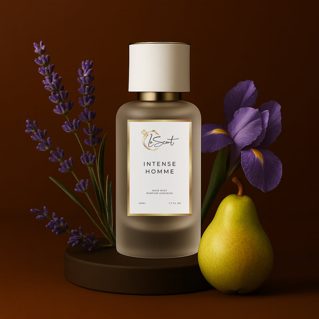 LeScent Intense Homme hair perfume mist bottle surrounded by lavender flowers, pear fruit, and iris petals on a rich brown background, inspired by Dior Homme Intense.