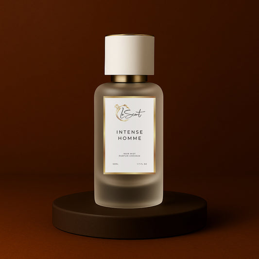 LeScent Intense Homme hair fragrance mist bottle displayed on a dark brown pedestal with soft amber light and minimalist background, inspired by Dior Homme Intense.