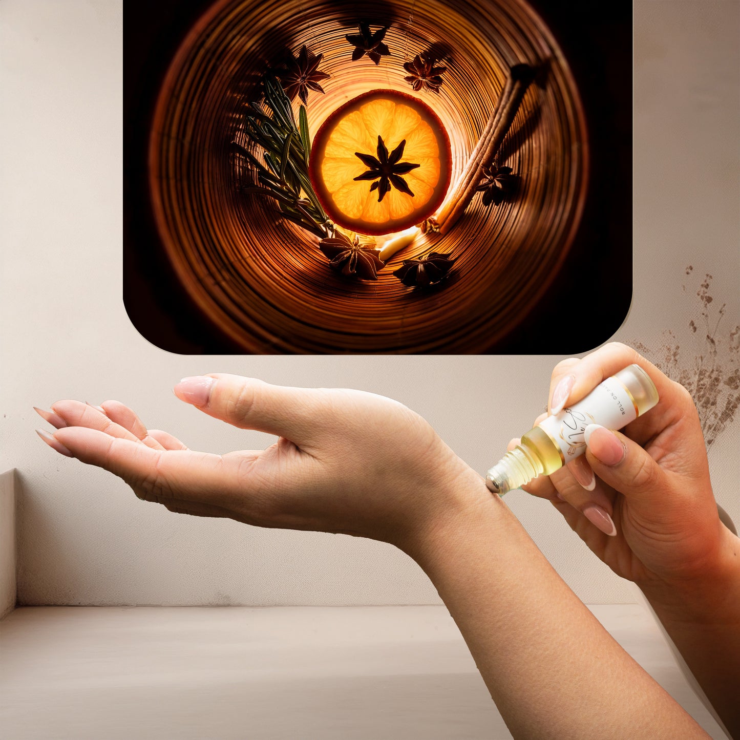 Applying LeScent Intense Homme roll-on perfume oil on wrist beside glowing orange slice, star anise, and rosemary on a neutral surface, inspired by Dior Homme Intense.