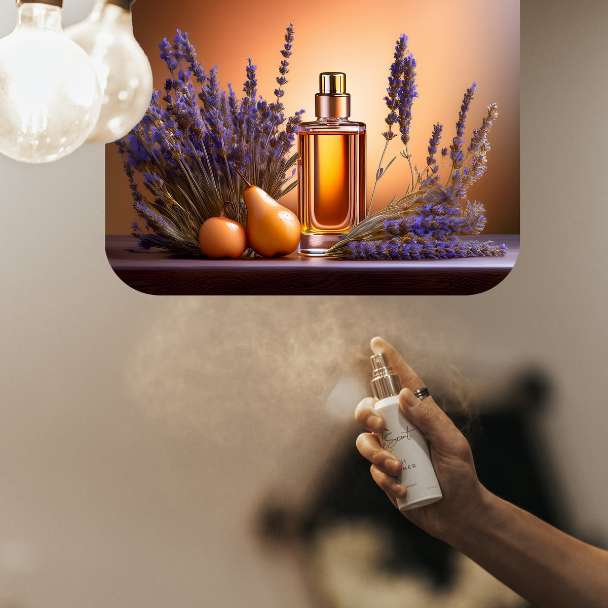 Spraying LeScent Intense Homme home fragrance freshener mist beside amber perfume bottles, lavender sprigs, pears, and oranges under soft studio light, inspired by Dior Homme Intense.