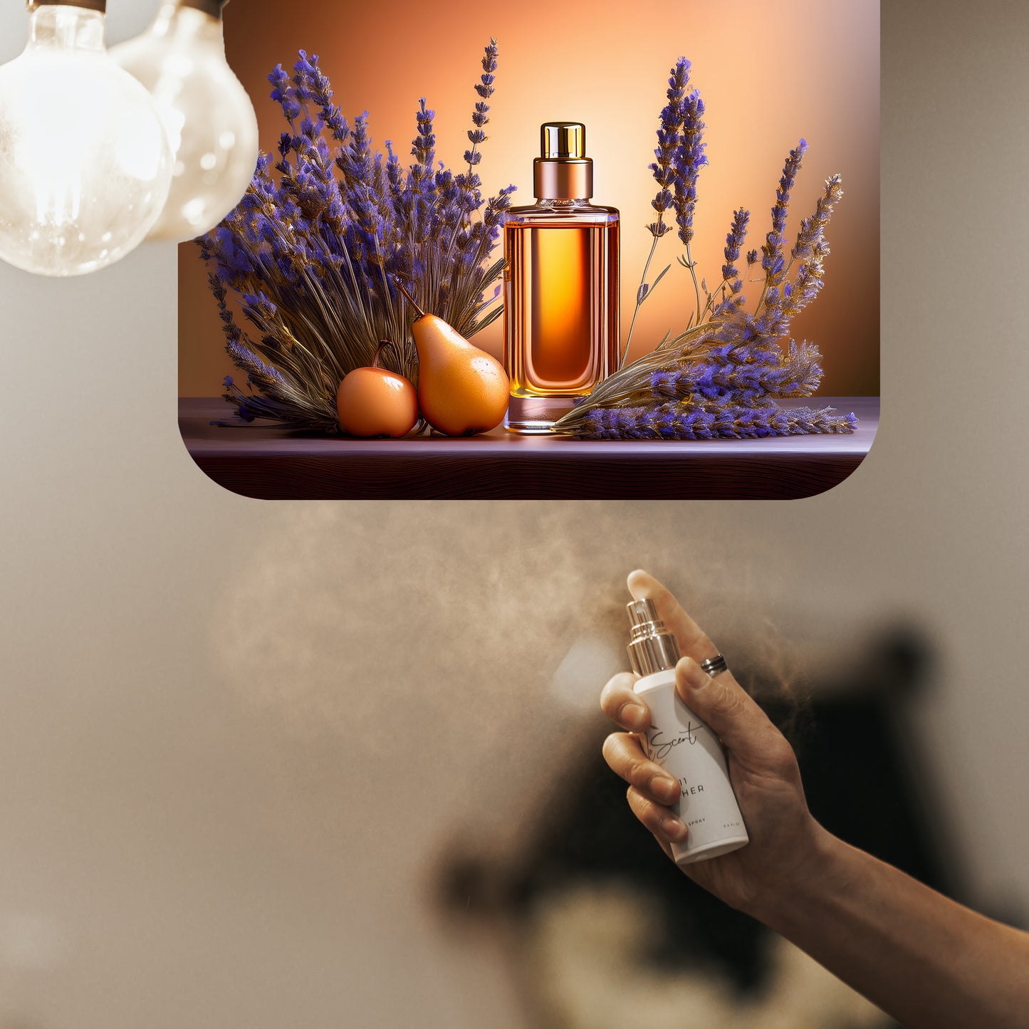 Spraying LeScent Intense Homme home fragrance freshener mist beside amber perfume bottles, lavender sprigs, pears, and oranges under soft studio light, inspired by Dior Homme Intense.