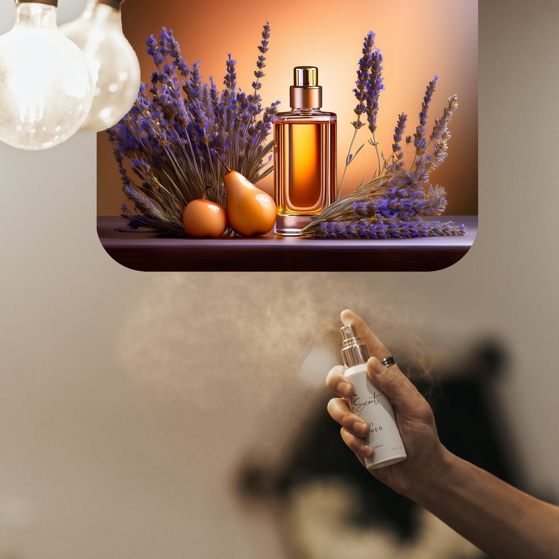 Spraying LeScent Intense Homme home fragrance freshener mist beside amber perfume bottles, lavender sprigs, pears, and oranges under soft studio light, inspired by Dior Homme Intense.