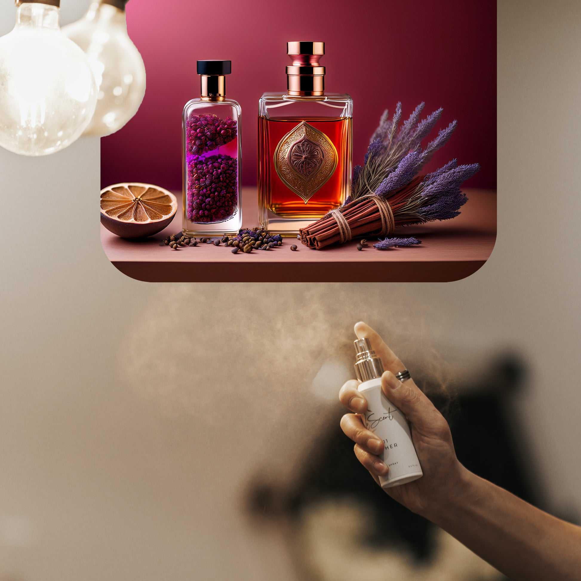 Spraying LeScent Intense room spray inspired by Armani Stronger With You Intensely — spicy amber home fragrance freshener mist with cinnamon, vanilla and lavender.