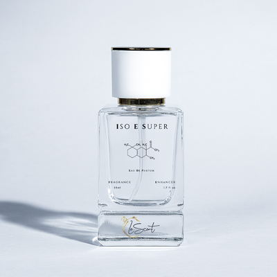 LeScent ISO E Super Fragrance Enhancer Eau de Parfum 50ml — luxury clear perfume bottle with white and gold cap, minimal molecular design, unisex scent made in Australia.