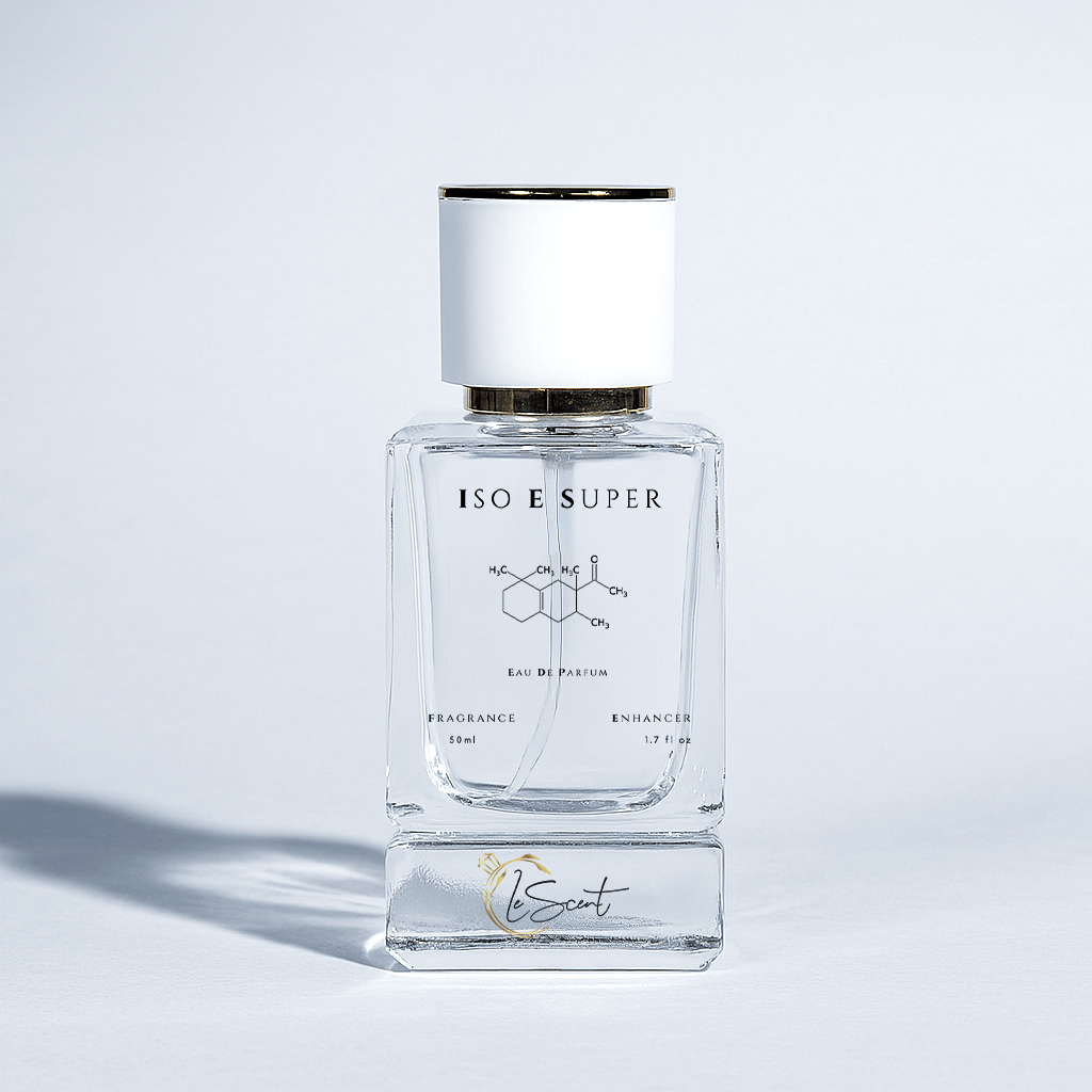 A 50ml bottle of LeScent Iso E Super Fragrance Enhancer, featuring the molecule's chemical structure on the label and the LeScent logo on the heavy glass base.