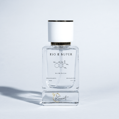 A 50ml bottle of LeScent Iso E Super Fragrance Enhancer, featuring the molecule's chemical structure on the label and the LeScent logo on the heavy glass base.