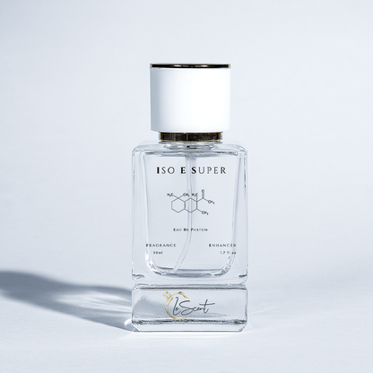 A 50ml bottle of LeScent Iso E Super Fragrance Enhancer, featuring the molecule's chemical structure on the label and the LeScent logo on the heavy glass base.