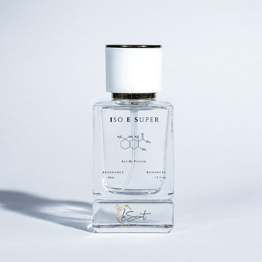 A 50ml bottle of LeScent Iso E Super Fragrance Enhancer, featuring the molecule's chemical structure on the label and the LeScent logo on the heavy glass base.