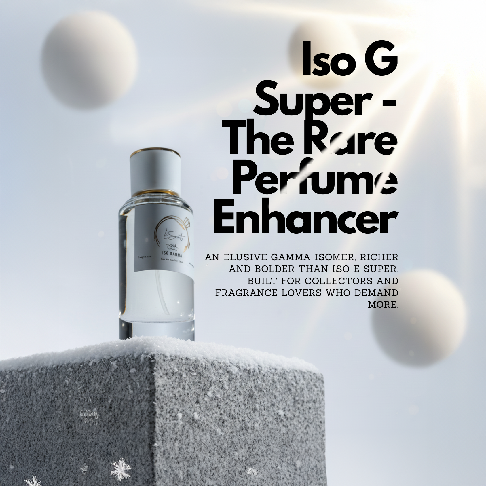 Advertisement for LeScent ISO G Super, 'The Rare Perfume Enhancer,' showing the bottle on a snowy pedestal.