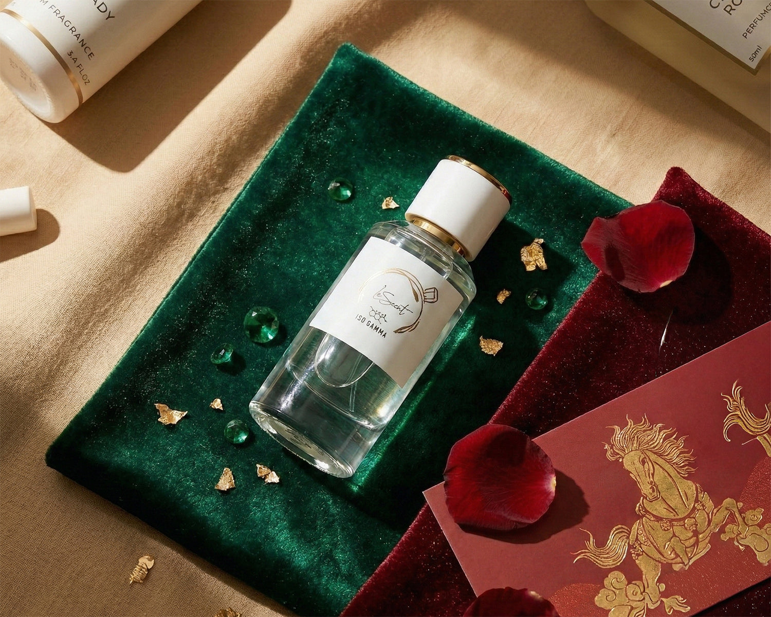 LeScent Iso Gamma fragrance bottle styled on emerald and ruby velvet with red rose petals and gold accents in an editorial flat lay.
