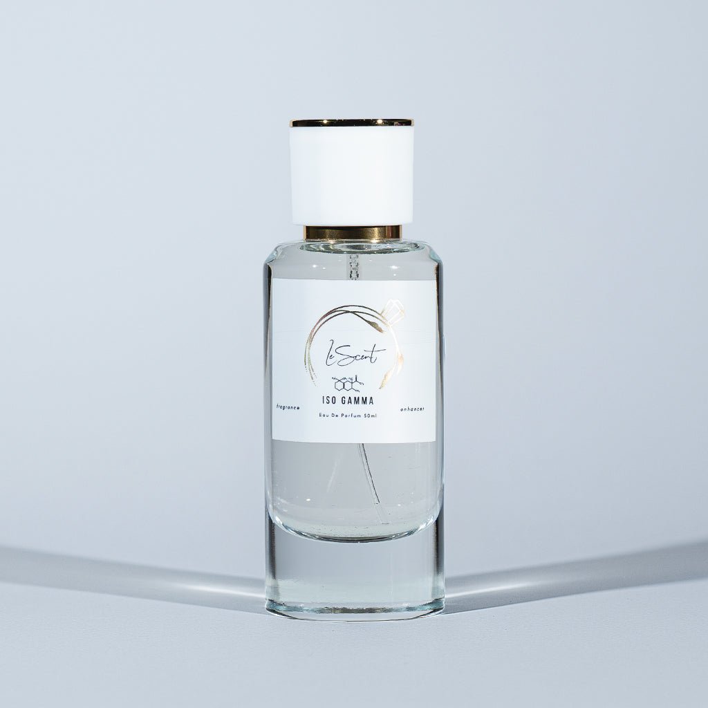 A 50ml glass bottle of LeScent Iso Gamma, a fragrance enhancer and perfume primer, shown on a light grey background.