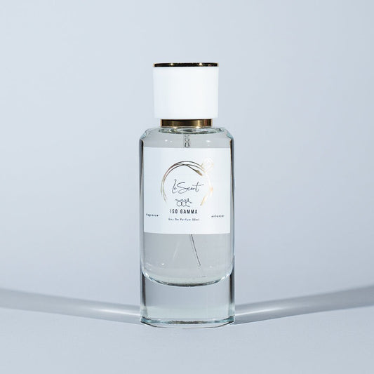 A 50ml glass bottle of LeScent Iso Gamma, a fragrance enhancer and perfume primer, shown on a light grey background.