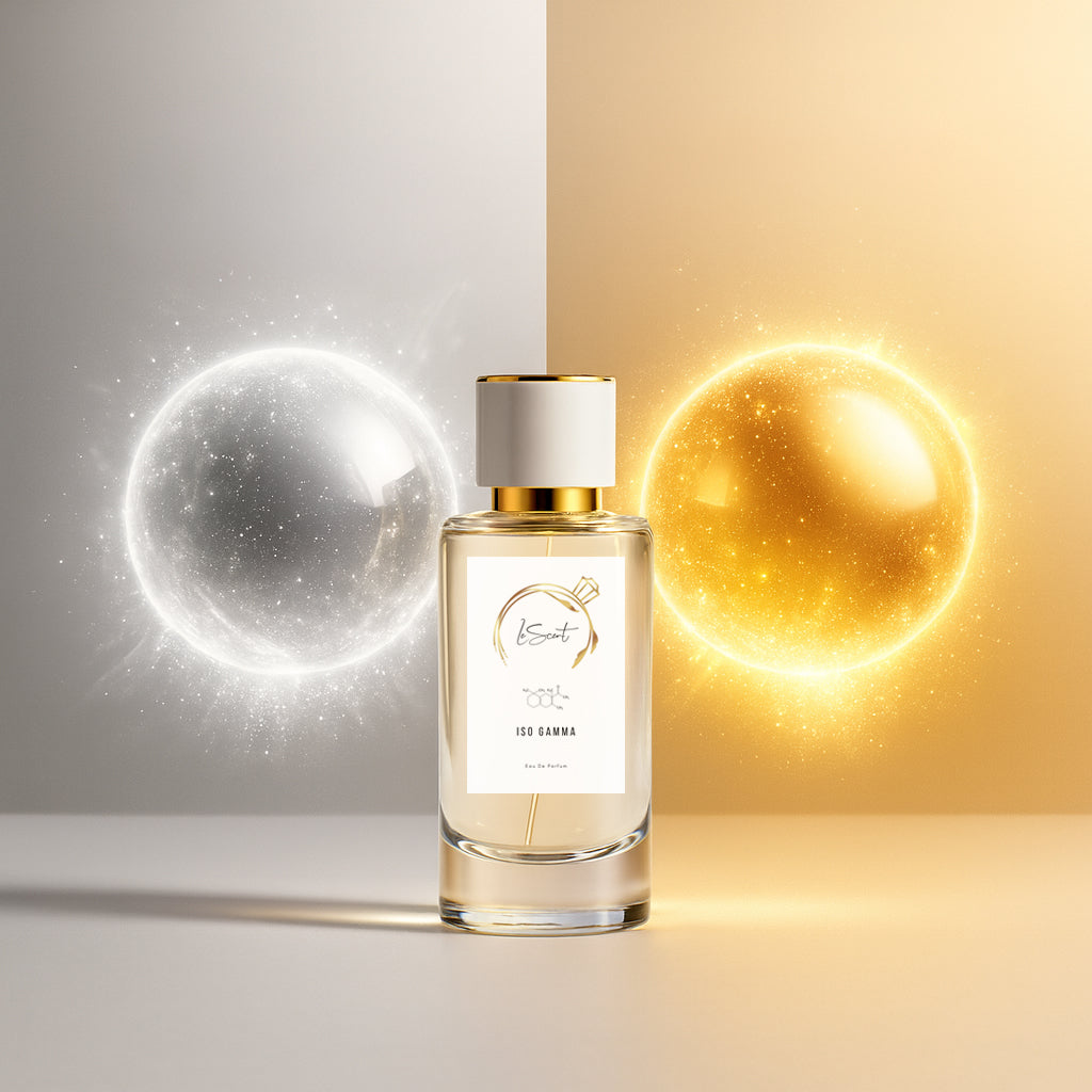 LeScent ISO Gamma perfume bottle illuminated by white and gold orbs, symbolizing balance between clarity and intensity.