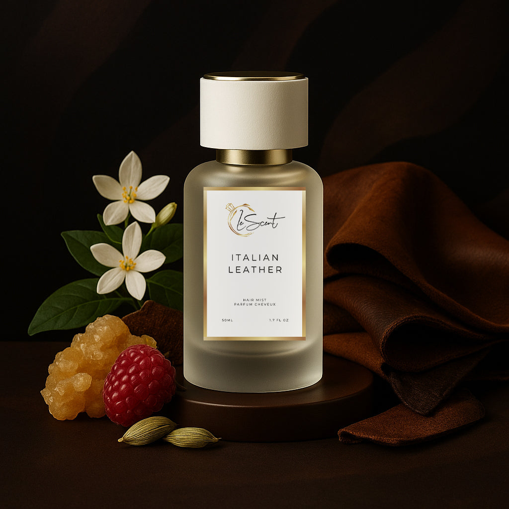 LeScent Italian Leather hair perfume mist inspired by Tom Ford Tuscan Leather — crafted with raspberry, suede, amber and spice for a luxurious hair fragrance.