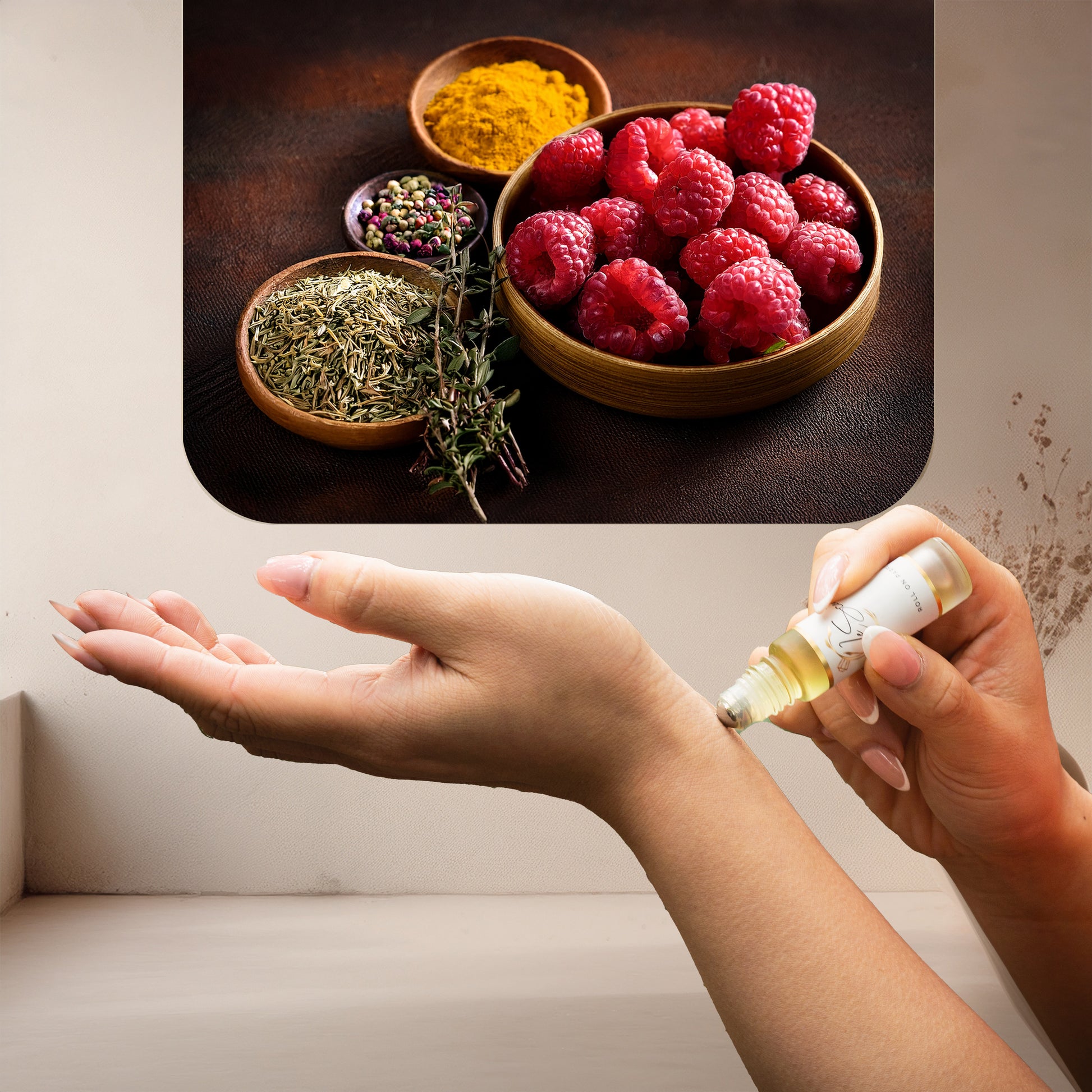 Applying LeScent Italian Leather perfume oil roll-on inspired by Tom Ford Tuscan Leather — rich blend of raspberry, suede and smoky leather with amber spice.