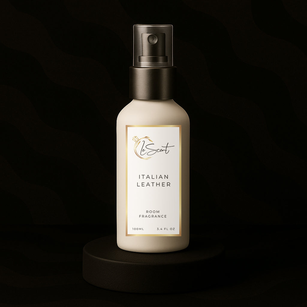 LeScent Italian Leather room spray inspired by Tom Ford Tuscan Leather — elegant interior fragrance blending suede, raspberry and amberwood for a sensual home scent.