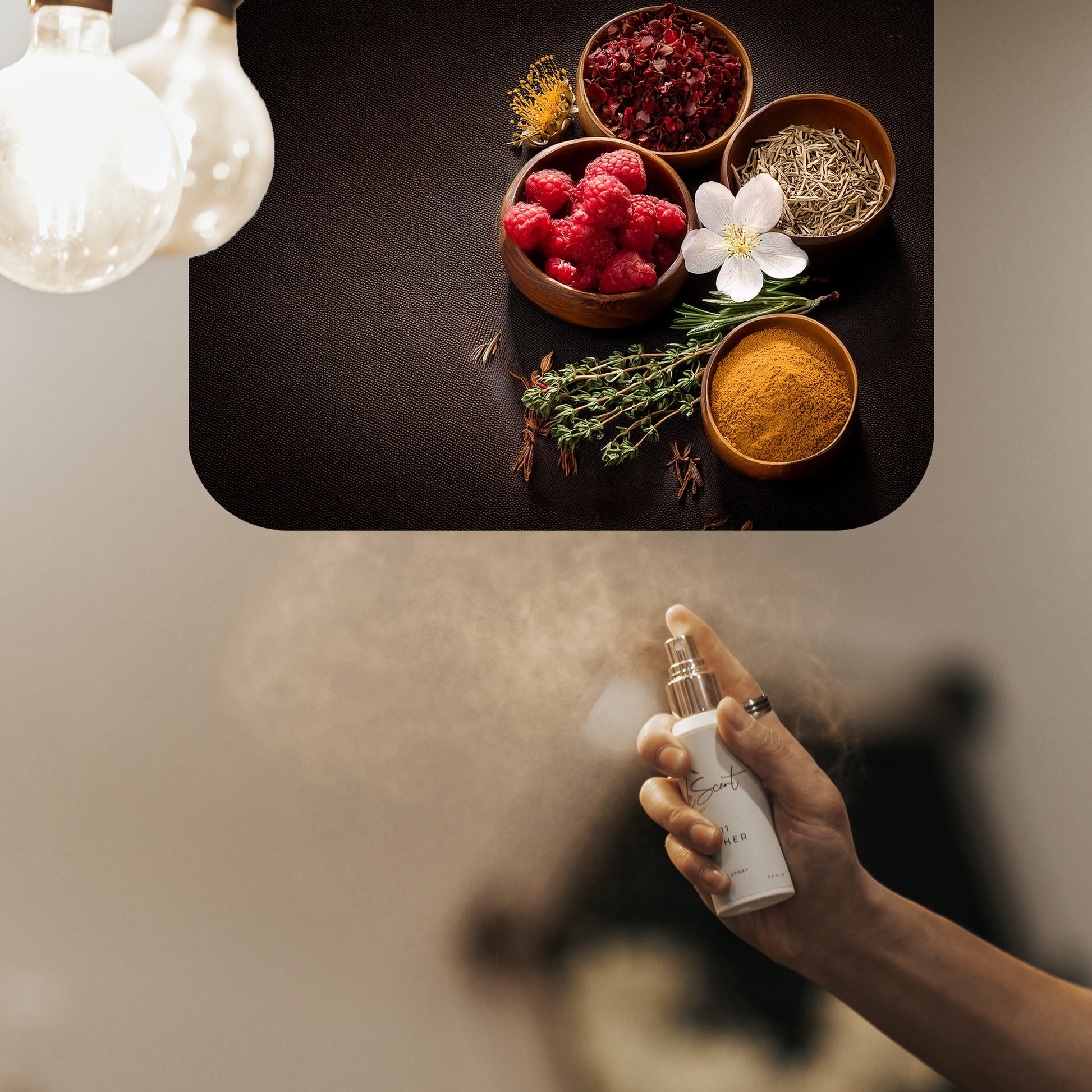 Spraying LeScent Italian Leather room spray inspired by Tom Ford Tuscan Leather — luxurious home fragrance freshener mist with raspberry, leather and amber notes.