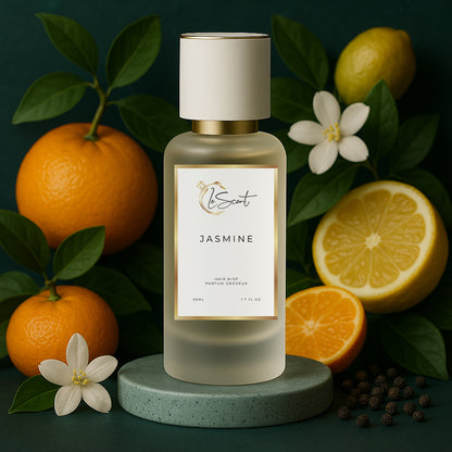 LeScent Jasmine hair perfume mist inspired by Gucci Flora Gorgeous Jasmine — crafted with fresh mandarin, lemon, and white flowers for a bright, uplifting citrus-floral profile.