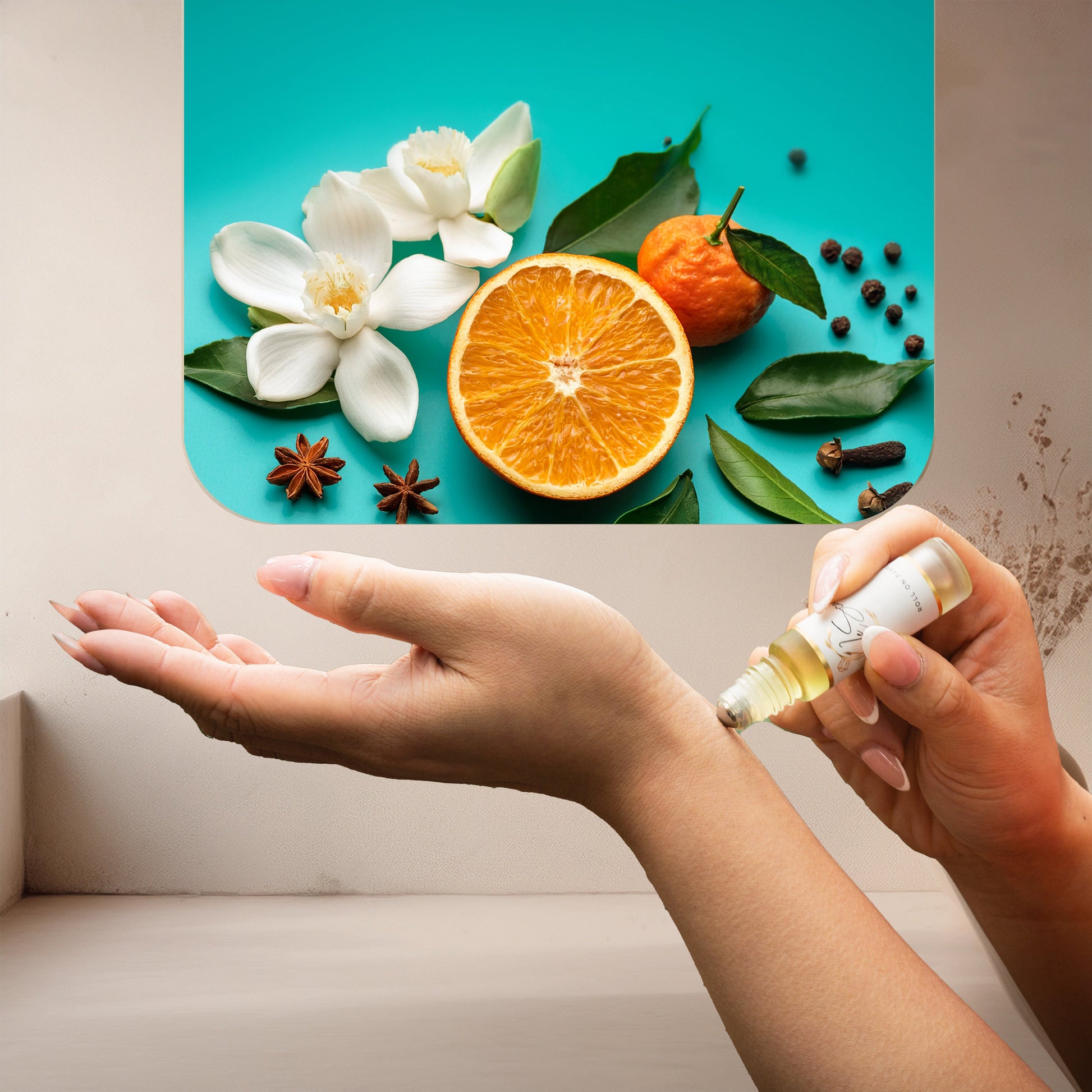 Applying LeScent Jasmine perfume oil roll-on inspired by Gucci Flora Gorgeous Jasmine — bright mandarin and white floral notes for a joyful and uplifting feeling.