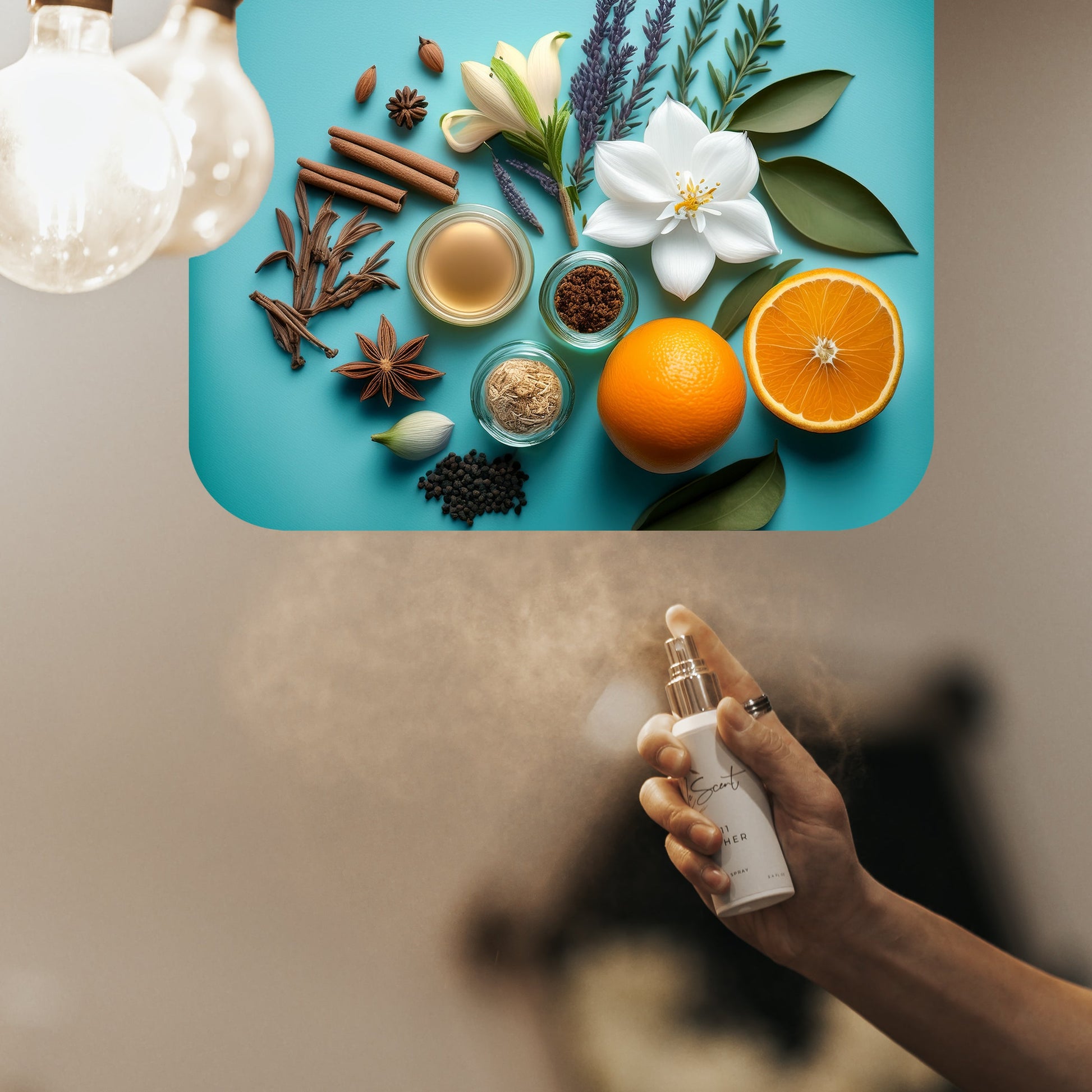 Spraying LeScent Jasmine room spray inspired by Gucci Flora Gorgeous Jasmine — bright citrus and jasmine home fragrance freshener mist with warm cinnamon and star anise accords.