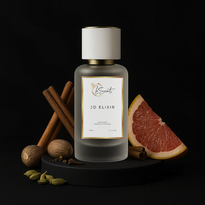 LeScent JD Elixir hair perfume mist with ingredient notes of cinnamon, grapefruit, and nutmeg, a warm spicy fragrance inspired by Dior Sauvage Elixir.