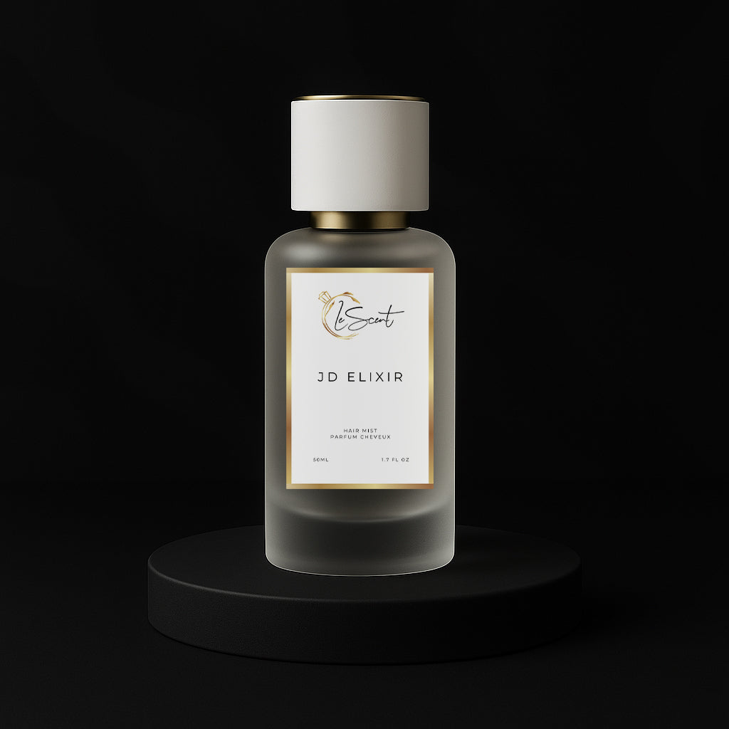 LeScent JD Elixir hair mist bottle on a black pedestal with a solid black background, inspired by Dior Sauvage Elixir.