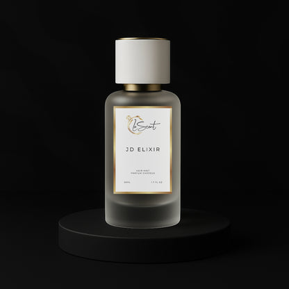 LeScent JD Elixir hair mist bottle on a black pedestal with a solid black background, inspired by Dior Sauvage Elixir.
