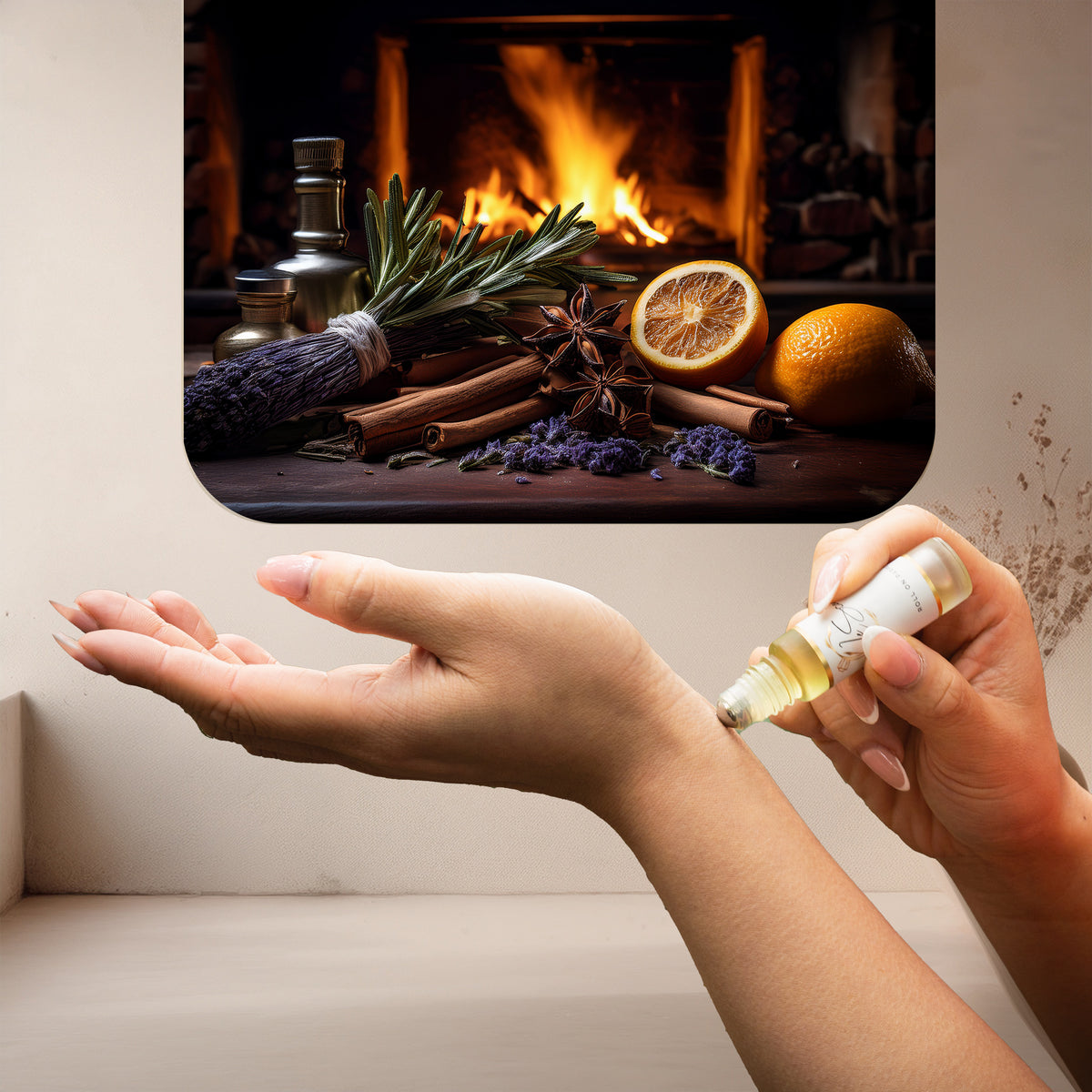 Applying LeScent JD Elixir perfume oil, a warm spicy and aromatic fragrance with lavender and cinnamon notes inspired by Dior Sauvage Elixir, to the wrist.