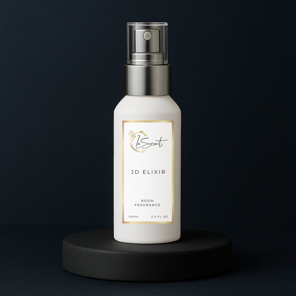 LeScent JD Elixir room spray bottle on a black pedestal with a solid dark blue background, inspired by Dior Sauvage Elixir.