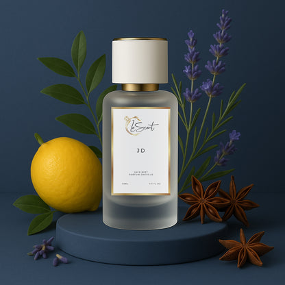 LeScent JD hair perfume mist with ingredient notes of fresh lemon, lavender, and star anise, an aromatic-spicy fragrance inspired by Dior Sauvage EDP.