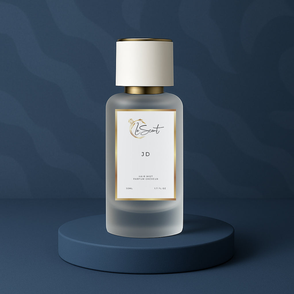 LeScent JD hair mist bottle on a dark blue pedestal with a wavy dark blue background, inspired by Dior Sauvage EDP.