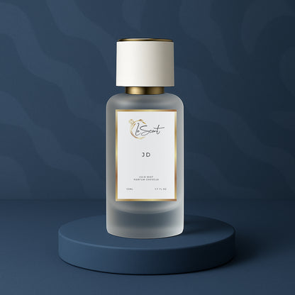LeScent JD hair mist bottle on a dark blue pedestal with a wavy dark blue background, inspired by Dior Sauvage EDP.