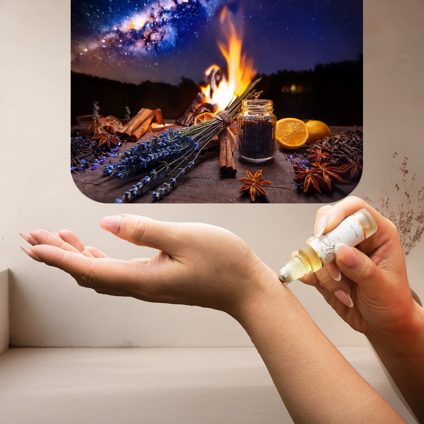 Applying LeScent JD perfume oil, a fresh and spicy fragrance with lavender and star anise notes inspired by Dior Sauvage EDP, to the wrist.