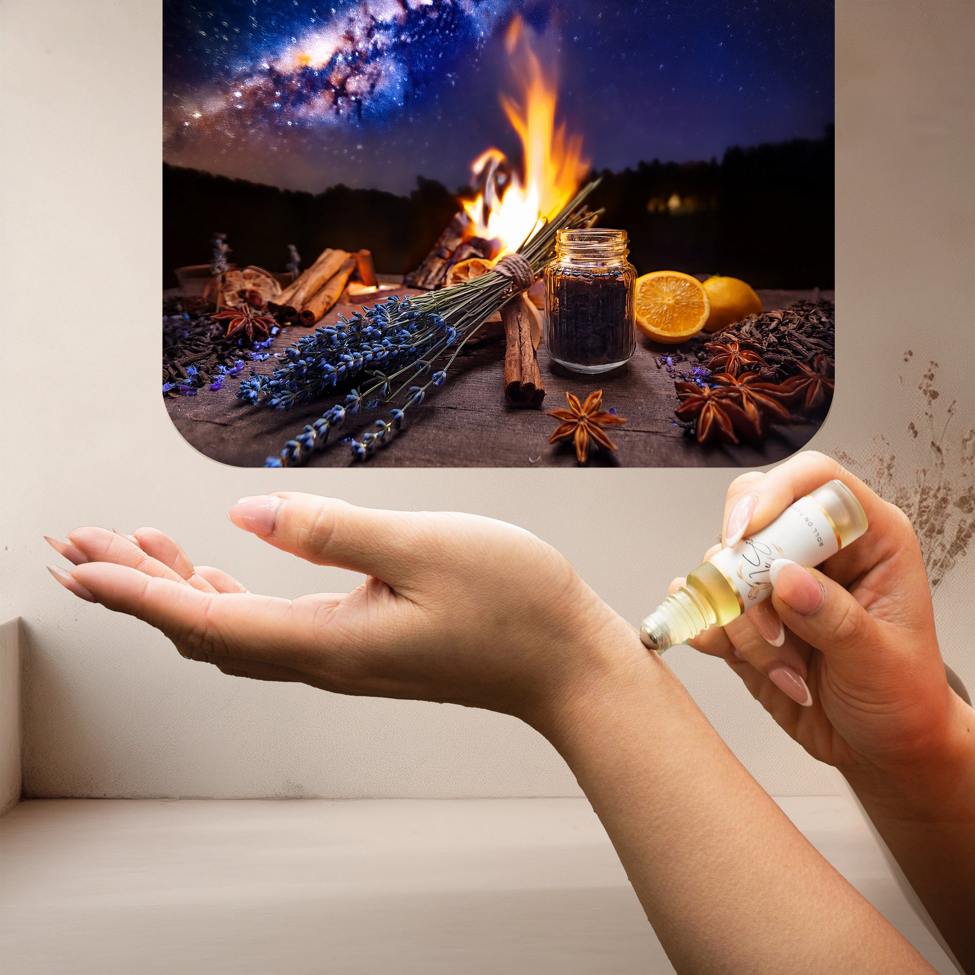 Applying LeScent JD perfume oil, a fresh and spicy fragrance with lavender and star anise notes inspired by Dior Sauvage EDP, to the wrist.