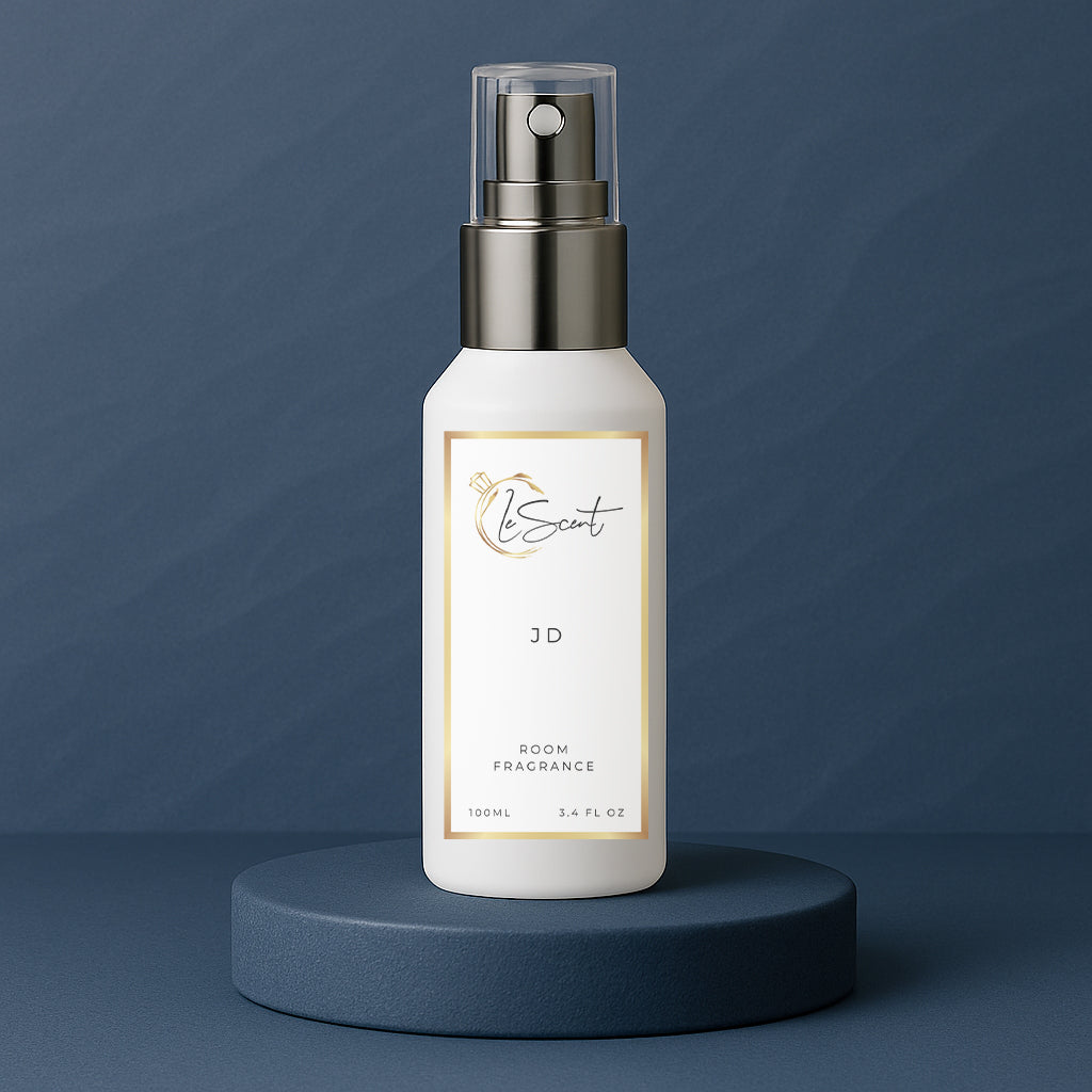 LeScent JD room spray bottle on a dark blue pedestal with a wavy dark blue background, inspired by Dior Sauvage EDP.