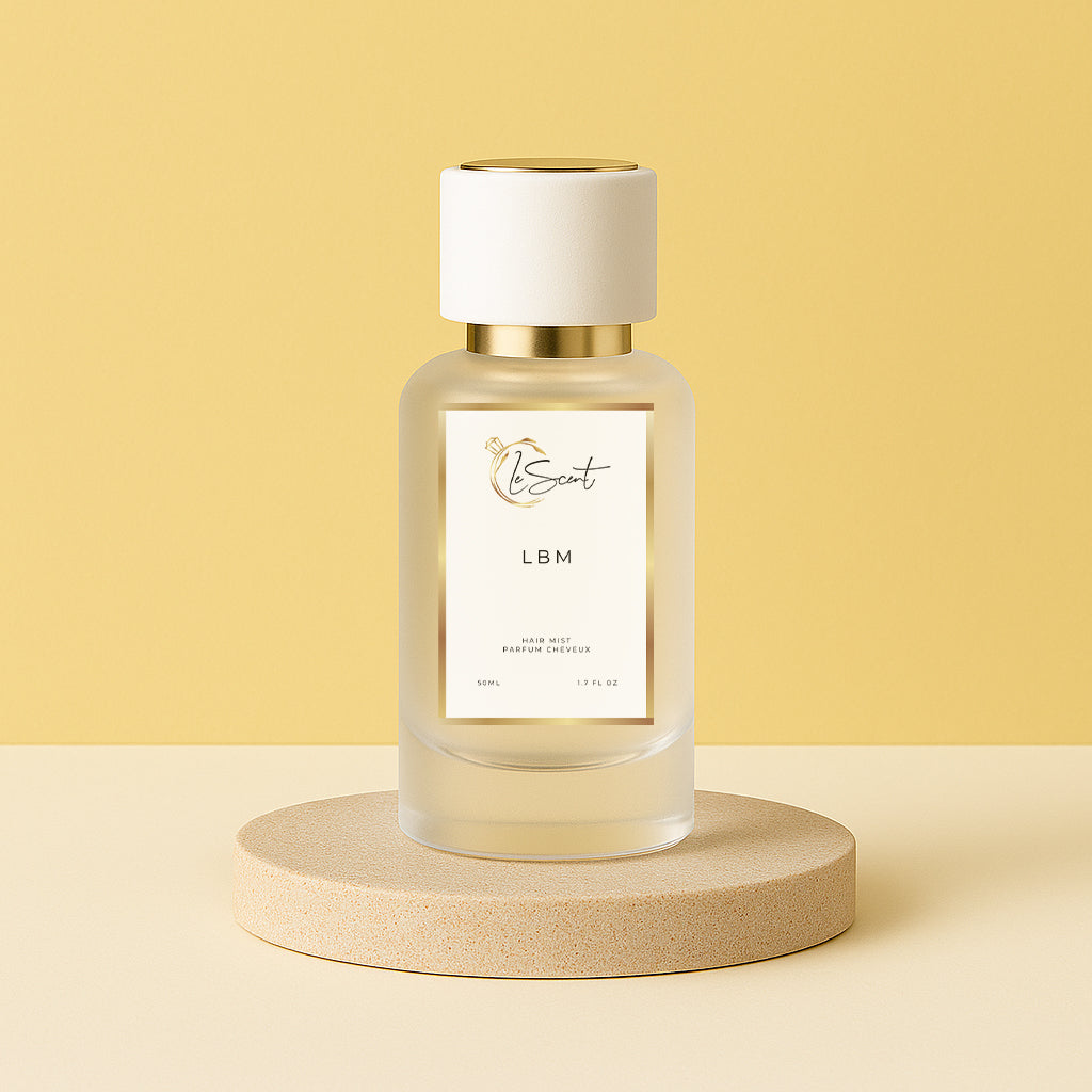 Perfume bottle labeled 'LBM' on a beige platform with a yellow background