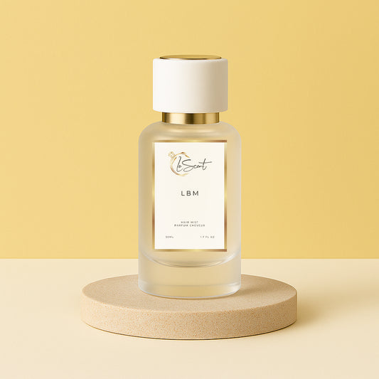 Perfume bottle labeled 'LBM' on a beige platform with a yellow background