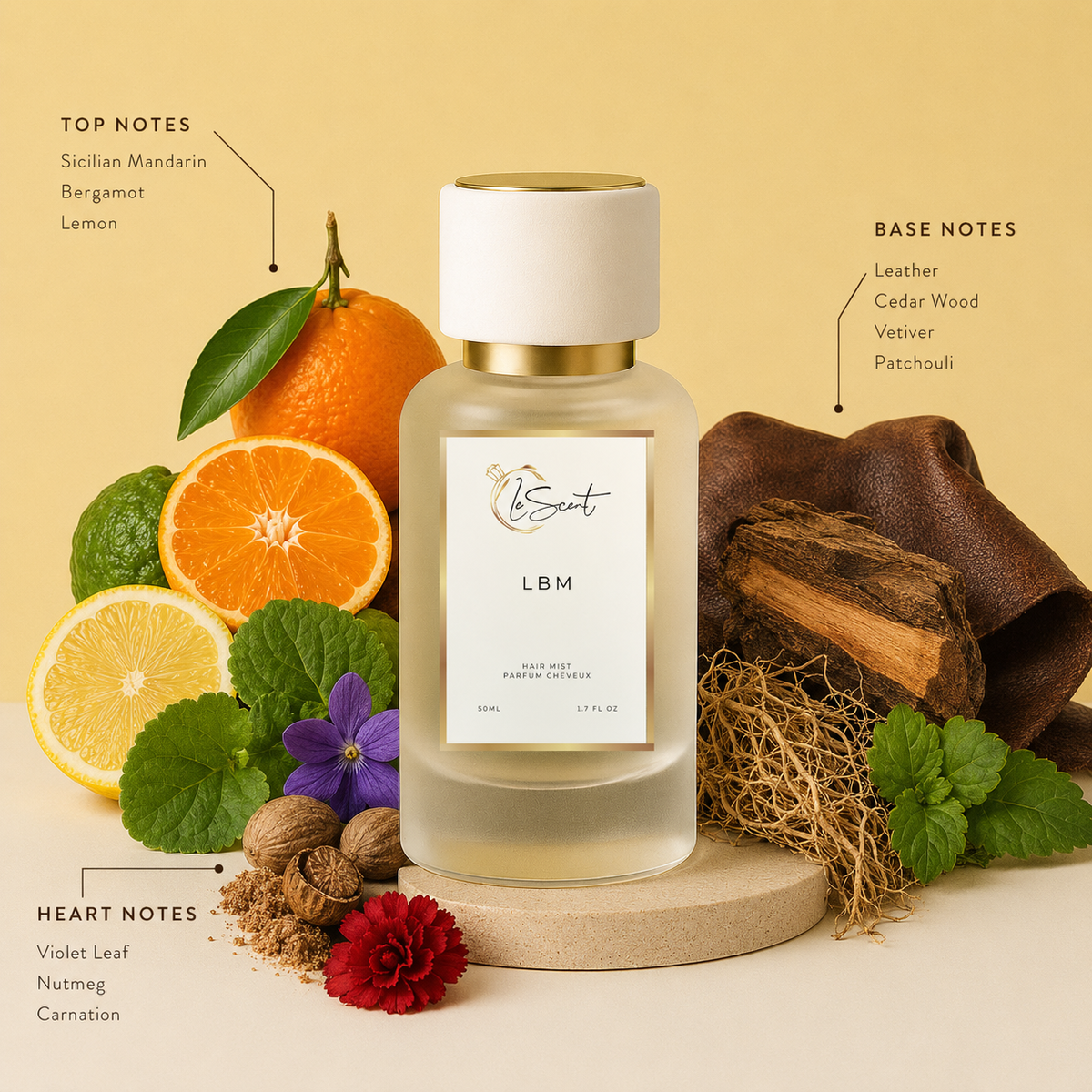 LeScent LBM perfume hair mist inspired by Dior Fahrenheit with citrus, violet leaf, leather and woods.