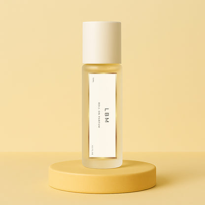 Clear bottle with white cap on a yellow platform against a beige background