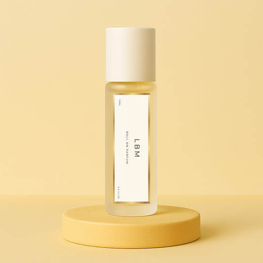 Clear bottle with white cap on a yellow platform against a beige background